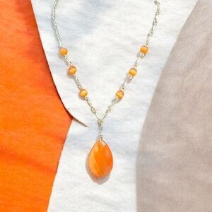 Avon Orange Beaded Necklace with Teardrop Pendant